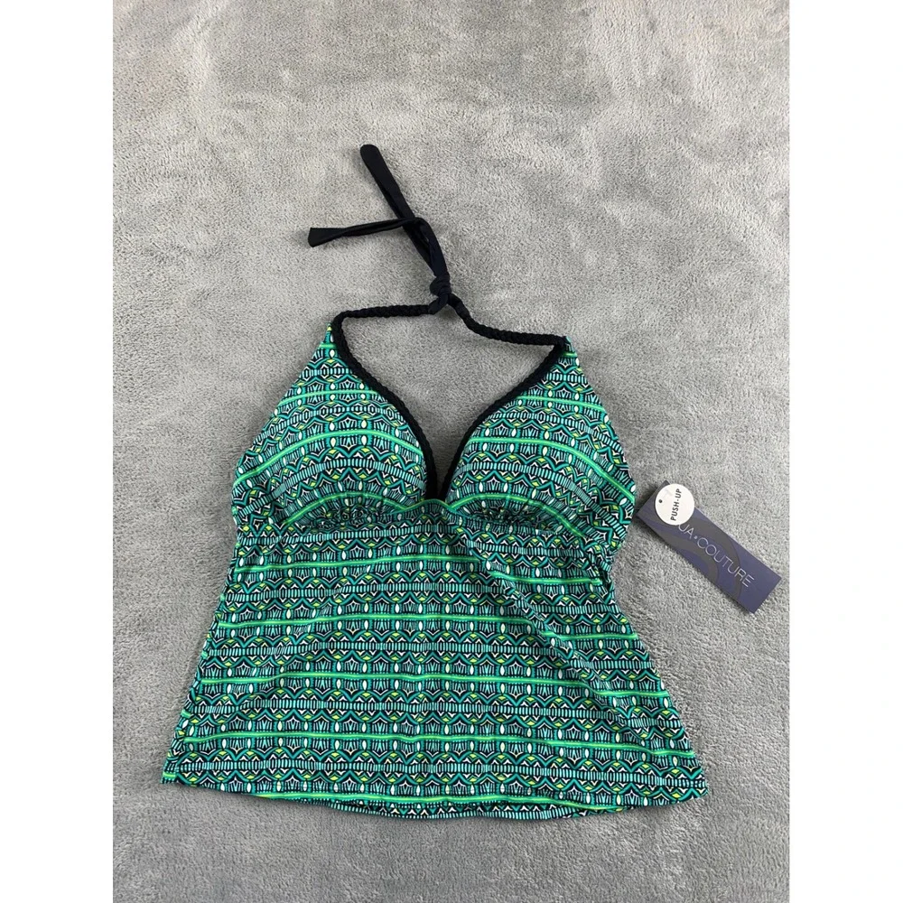 Aqua Couture Womens Green Tribal Geometric Push Up Halter Tankini Top Size M NEW